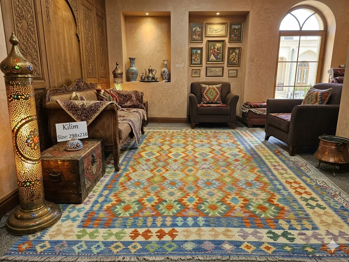 Hand-Woven Afghan Kilim, Size: 298 x 216 cm, Traditional geometric diamond medallions, vibrant harmony of terracottas, warm oranges, soft greens, muted purples, and striking lapis blue accents on a classic cream ground, 100% Hand-spun Wool on a Wool foundation.