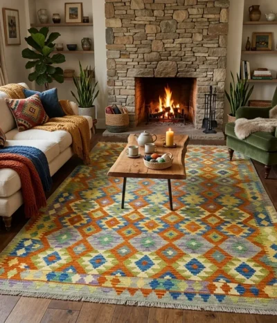 Hand-Woven Geometric Kilim, Size: 302 x 203 cm, Traditional diamond motifs, masterfully balances vibrant terracotta orange & warm gold with accents of sage green & indigo blue. 100% Premium Wool