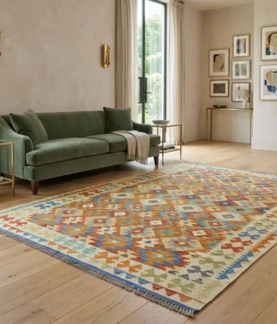 Flat Hand-Woven Kilim, Size: 303 x 203 cm, geometric artistry of traditional Afghan, terracotta, mustard yellow, and deep azure blue—is accented by ivory.