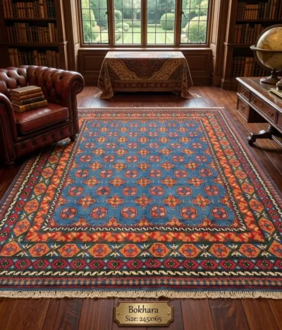 Handmade Afghan Bokhara, Size: 245 x 165 cm, in azure blue field with a traditional “gol” (elephant’s foot) pattern, High-quality wool on a durable cotton foundation.