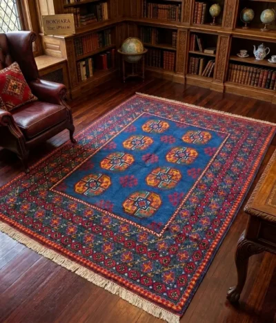 Authentic Handmade Bokhara featuring geometric Gül medallions, Size: 195 x 146 cm, Rich Royal Blue field, 100% Hand-Spun Wool on Cotton Warp.