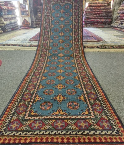 Handmade Afghan Hallway runner, Size: 294 x 82 cm, Teal blue field, featuring traditional tribal patterns, 100% Hand-Spun Wool on Cotton Warp.