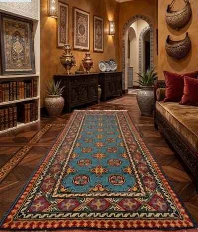 Handmade Afghan Hallway runner, Size: 294 x 82 cm, Teal blue field, featuring traditional tribal patterns, 100% Hand-Spun Wool on Cotton Warp.