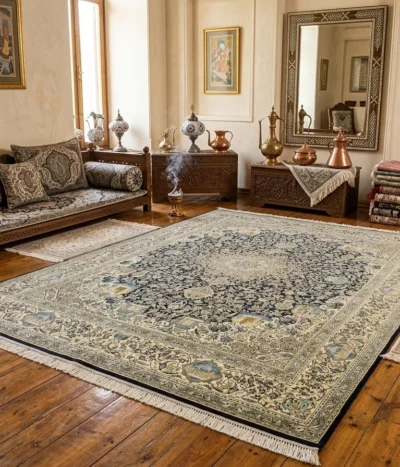 Pre-Loved Isfahan carpet, Size: 400 x 300 cm, Starburst points with scrolling vines (eslimi) & perfectly proportioned Shah Abbasi flower palmettes within indigo & soft green field.