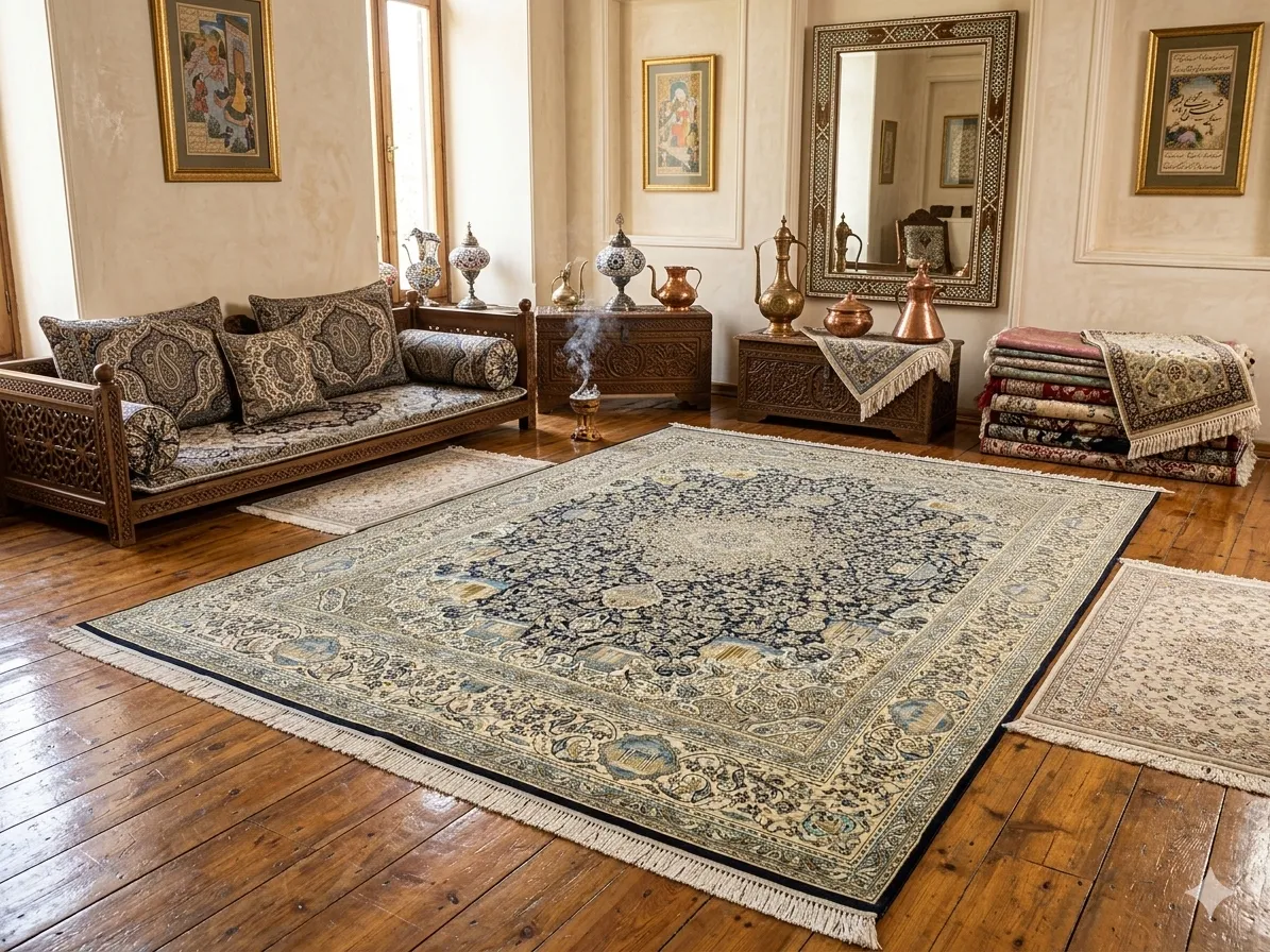 Pre-Loved Isfahan carpet, Size: 400 x 300 cm, Starburst points with scrolling vines (eslimi) & perfectly proportioned Shah Abbasi flower palmettes within indigo & soft green field.