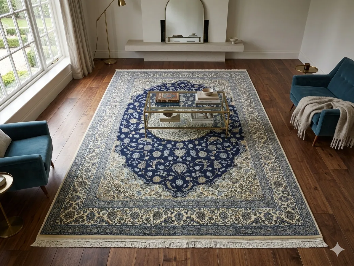 Machine Made Nain carpet, Size: 300 x 200 cm, Navy blue, Polyester, 700 reed Quality.