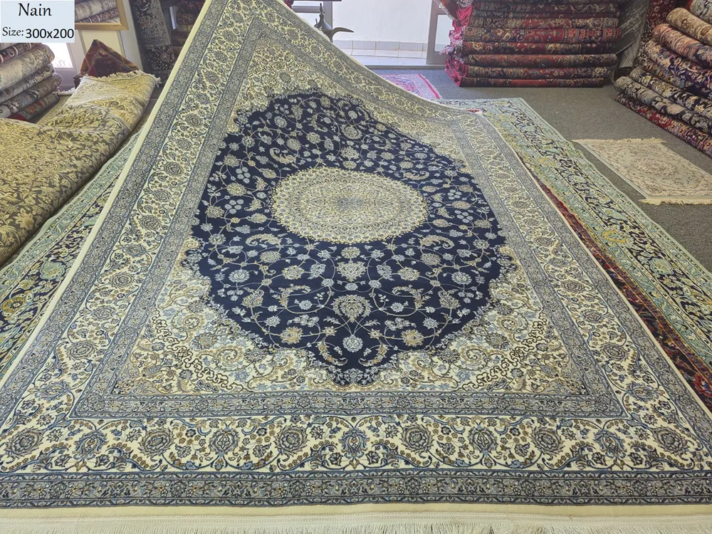 Machine Made Nain carpet, Size: 300 x 200 cm, Navy blue, Polyester, 700 reed Quality.