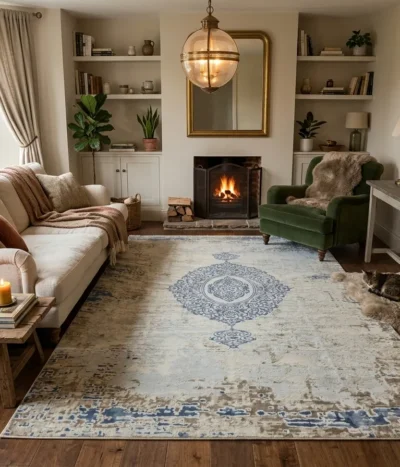 Turkish Modern distressed rug, Size: 400 x 300 cm, Polyester, Machine made.
