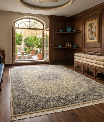 Persian Nain rug, Size: 400×300 cm, earthy tone colour, 400 knots per square, wool on cotton, R15 000 valuation certificate.