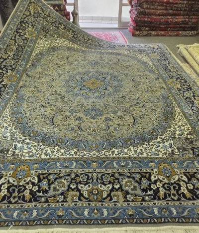 Persian Isfahan rug, Size: 400 × 300 cm, grays, deep blues color, 400 knots per square, wool on cotton, R15 000 valuation certificate.