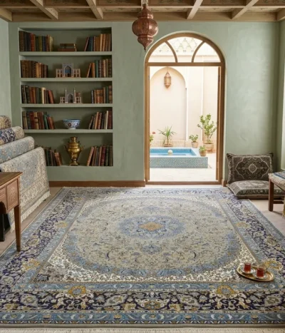 Persian Isfahan rug, Size: 400 × 300 cm, grays, deep blues color, 400 knots per square, wool on cotton, R15 000 valuation certificate.