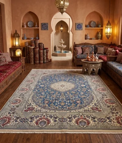high-grade Royal Nain rug, Size: 346 x 244 cm, Hand-knotted Shah Abbasi floral motifs by Fine wool woven on a soft cotton foundation with elegant silk highlights.