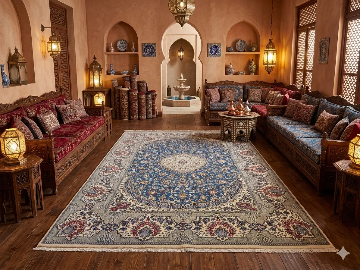 high-grade Royal Nain rug, Size: 346 x 244 cm, Hand-knotted Shah Abbasi floral motifs by Fine wool woven on a soft cotton foundation with elegant silk highlights.