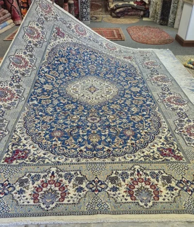 high-grade Royal Nain rug, Size: 346 x 244 cm, Hand-knotted Shah Abbasi floral motifs by Fine wool woven on a soft cotton foundation with elegant silk highlights.
