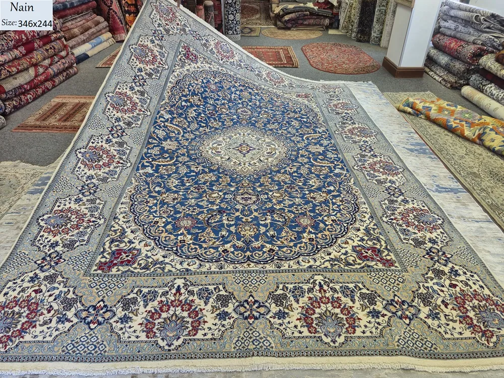 high-grade Royal Nain rug, Size: 346 x 244 cm, Hand-knotted Shah Abbasi floral motifs by Fine wool woven on a soft cotton foundation with elegant silk highlights.