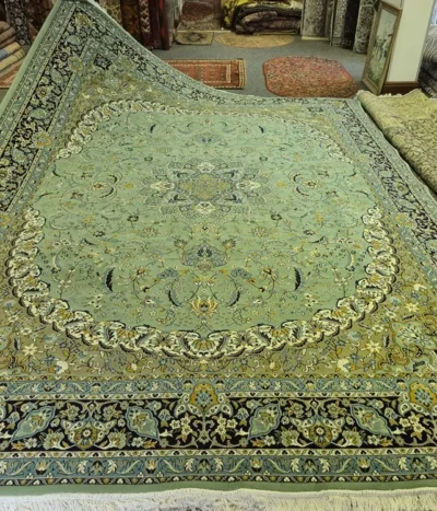 Sage Persian Nain rug, Size 400 × 300 cm, 500 knots wool on cotton quality, R14000 valuation certificate.