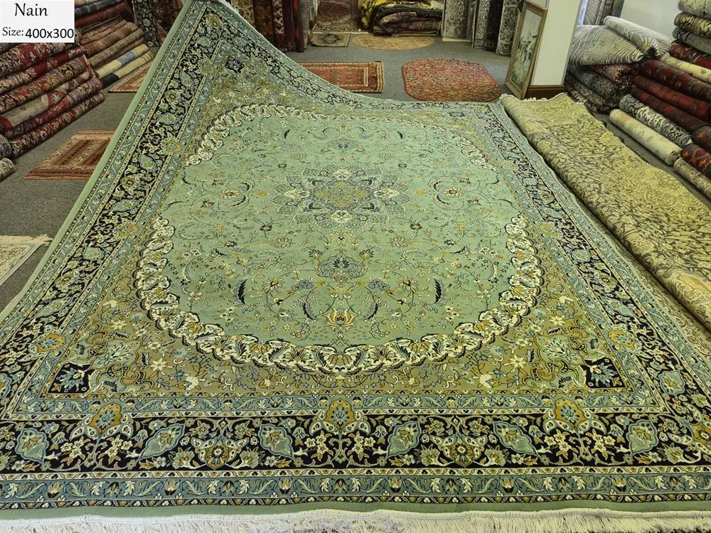 Sage Persian Nain rug, Size 400 × 300 cm, 500 knots wool on cotton quality, R14000 valuation certificate.
