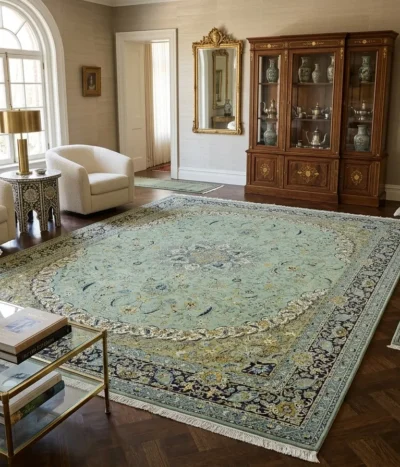Sage Persian Nain rug, Size 400 × 300 cm, 500 knots wool on cotton quality, R14000 valuation certificate.