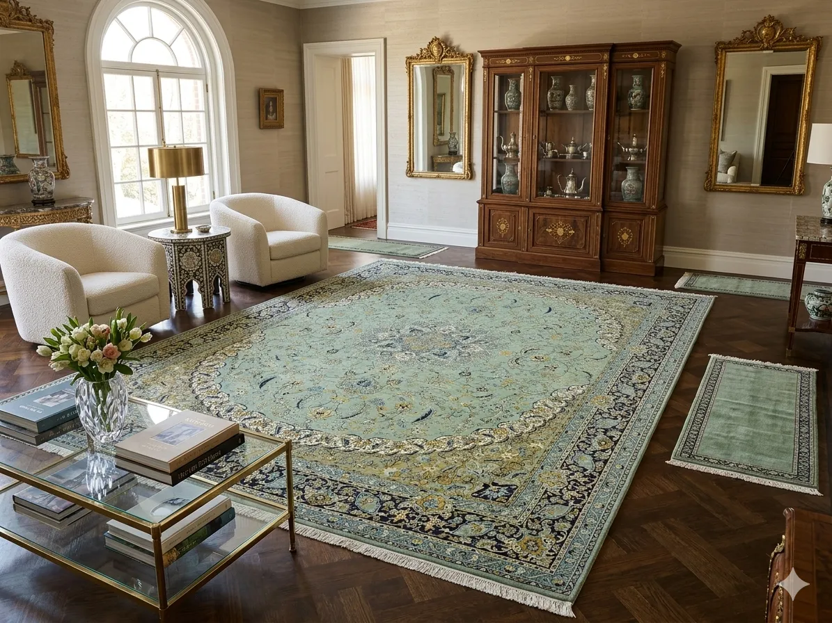 Sage Persian Nain rug, Size 400 × 300 cm, 500 knots wool on cotton quality, R14000 valuation certificate.