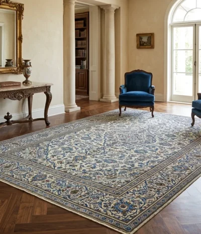 Second Hand Kashan rug, Hand-knotted cream field, diamond-shaped medallion (Toranj) surrounded by detailed arabesques & floral motifs that radiate outwards, wool on cotton foundation.