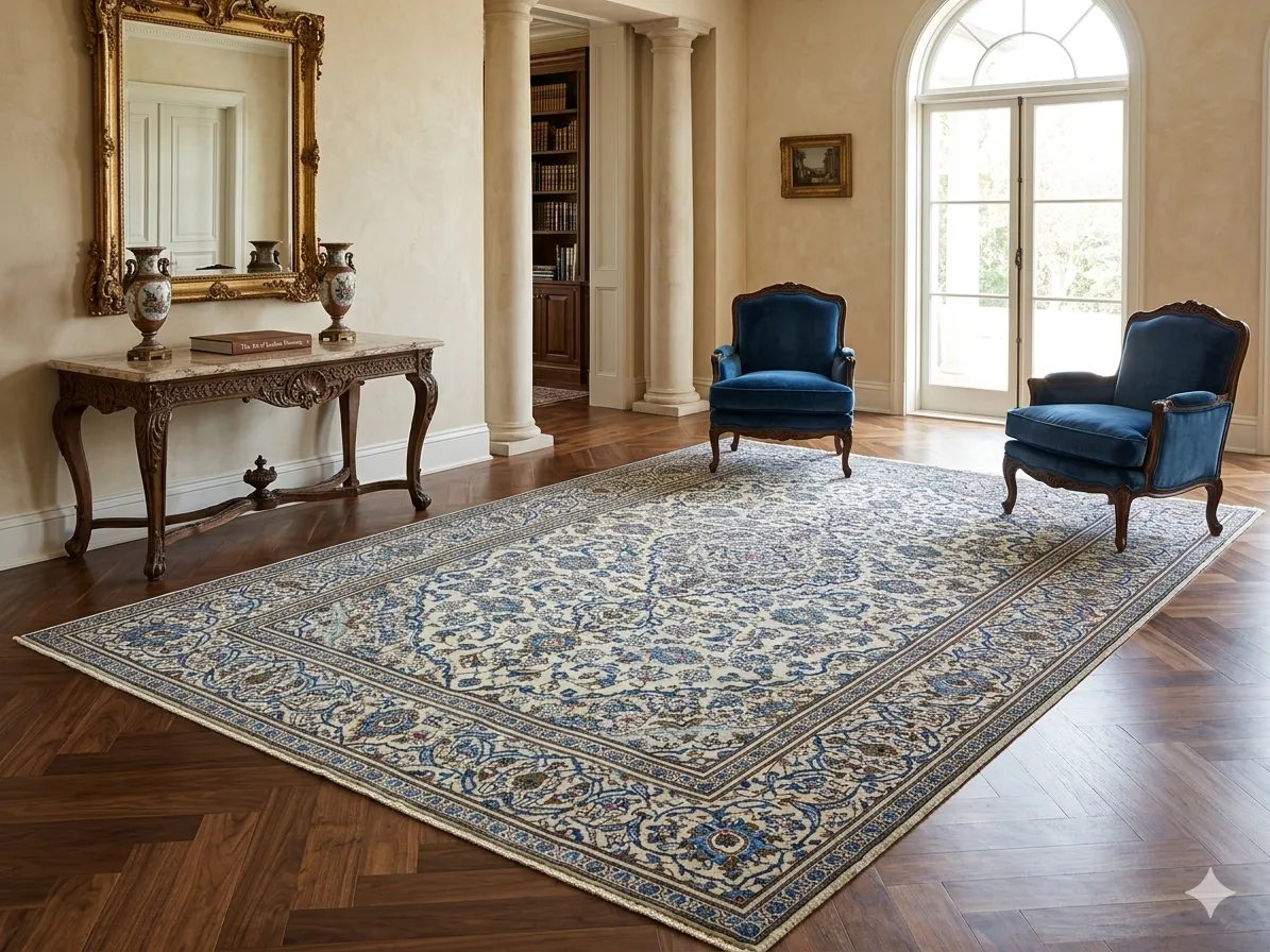 Second Hand Kashan rug, Hand-knotted cream field, diamond-shaped medallion (Toranj) surrounded by detailed arabesques & floral motifs that radiate outwards, wool on cotton foundation.