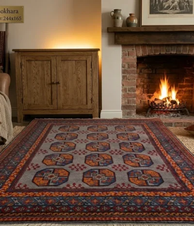 Handmade Bokhara (Elephant’s Foot) motifs, Size 244 x 165 cm, steel-blue field combined with the multi-colored geometric borders, Dense plush wool pile with a soft handle, characteristic of high-quality hand-knotted pieces.