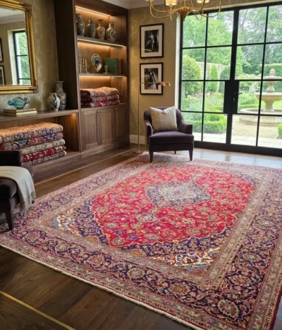 Traditional Kashan Persian Carpet, Size: 355 x 245 cm, rich crimson red, multi-layered diamond medallion scrolling vines & delicate blossoms, Fine wool on cotton foundation.