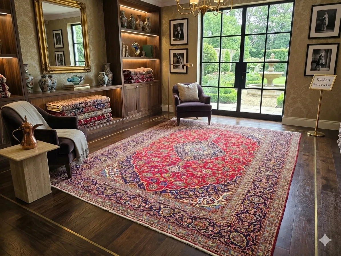 Traditional Kashan Persian Carpet, Size: 355 x 245 cm, rich crimson red, multi-layered diamond medallion scrolling vines & delicate blossoms, Fine wool on cotton foundation.