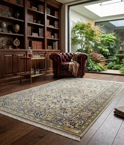 Vintage Hand-knotted Kashan rug, Size: 290 x 195 cm, classic ivory cream field, intricate floral central medallion, High-quality wool on cotton foundation.