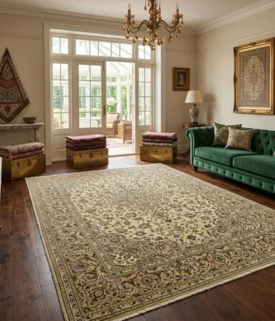 Vintage Kashan Persian Carpet, Size: 357 x 248 cm, cream field, diamond-shaped medallion (Toranj) surrounded by detailed arabesques & floral motifs that radiate outwards, wool on cotton foundation.Vintage Kashan Persian Carpet, Size: 357 x 248 cm, cream field, diamond-shaped medallion (Toranj) surrounded by detailed arabesques & floral motifs that radiate outwards, wool on cotton foundation.
