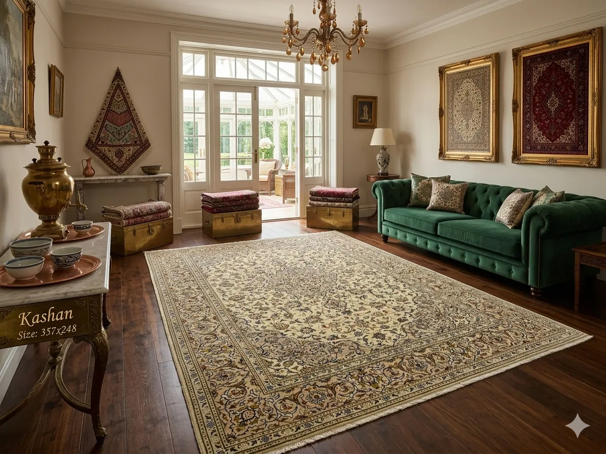 Vintage Kashan Persian Carpet, Size: 357 x 248 cm, cream field, diamond-shaped medallion (Toranj) surrounded by detailed arabesques & floral motifs that radiate outwards, wool on cotton foundation.Vintage Kashan Persian Carpet, Size: 357 x 248 cm, cream field, diamond-shaped medallion (Toranj) surrounded by detailed arabesques & floral motifs that radiate outwards, wool on cotton foundation.