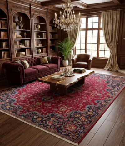 Hand-knotted Vintage Mashad rug, Size: 285 x 205 cm, Classic Shah Abbasi medallion with intricate floral motifs in deep burgundy hue, The slight natural variations in shading known as abrash, hand-spun wool on cotton foundation.