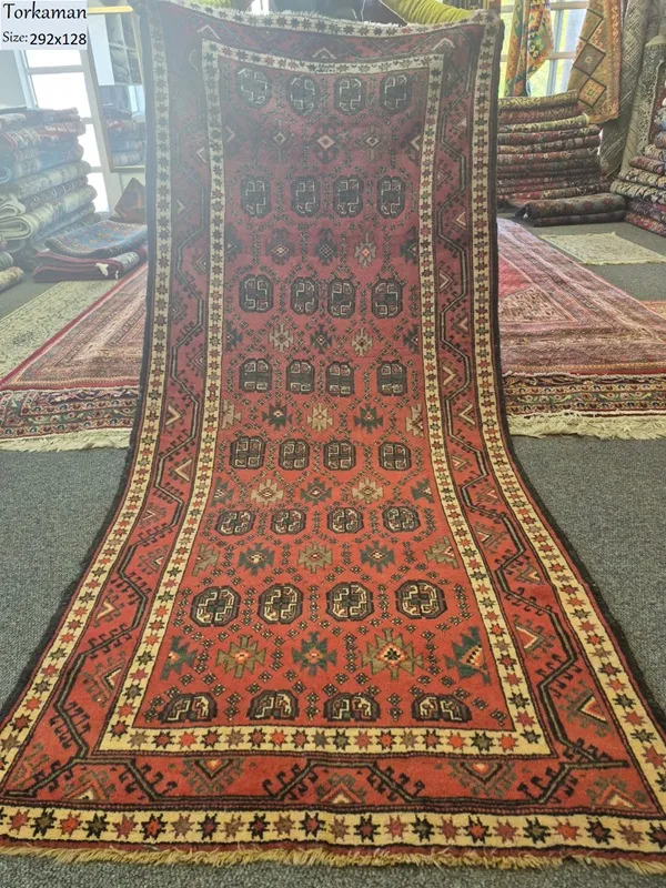 Vintage Torkaman hallway runner, Size: 292 x 128 cm, hand-knotted by natural wool, vegetable dye & nomadic weaving technique.
