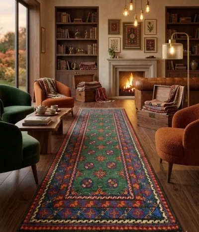 Hand-knotted Afghan Hallway runner rug, Size: 275 x 80 cm, forest green, featuring traditional tribal patterns, High-quality wool.