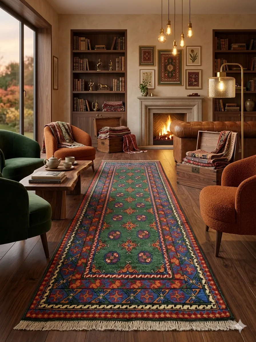 Hand-knotted Afghan Hallway runner rug, Size: 275 x 80 cm, forest green, featuring traditional tribal patterns, High-quality wool.