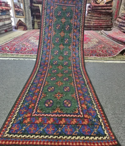Hand-knotted Afghan Hallway runner rug, Size: 275 x 80 cm, forest green, featuring traditional tribal patterns, High-quality wool.