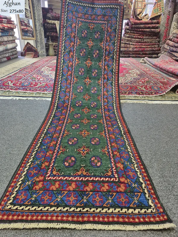 Hand-knotted Afghan Hallway runner rug, Size: 275 x 80 cm, forest green, featuring traditional tribal patterns, High-quality wool.