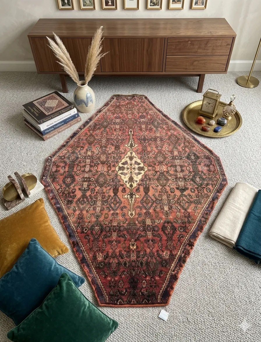 Pre-loved hand knotted Bijar rug, Size: 245 x 170 cm, diamond shape, natural wool & vegetable dye.