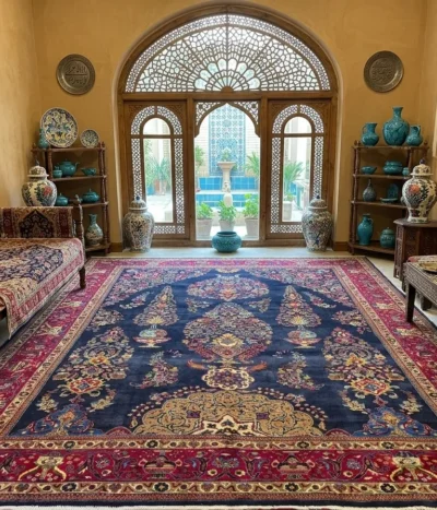 Hand-Knotted Persian Garden of Heaven Qum, Size: 385 x 295 cm, navy blue field features an intricate vase and tree-of-life motif, High-quality wool pile on cotton foundation.