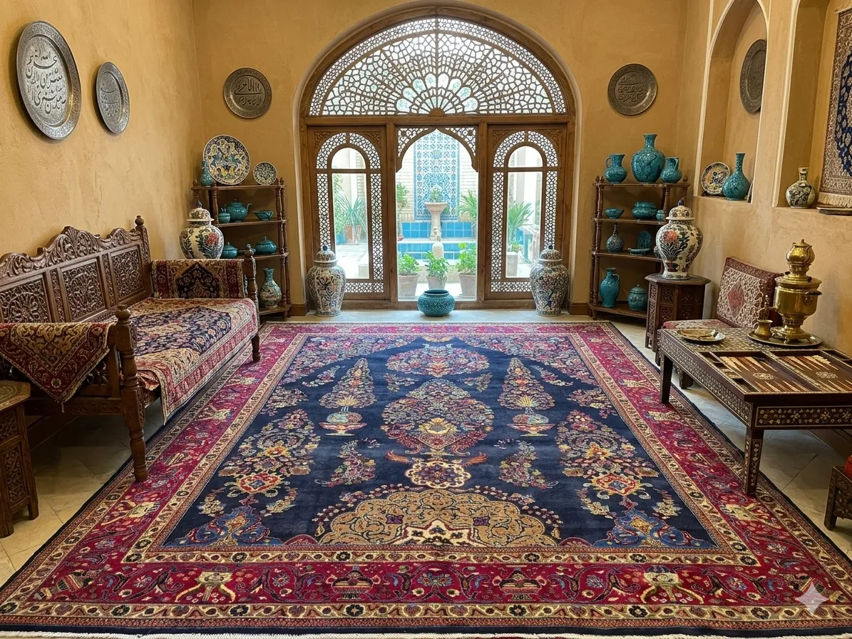 Hand-Knotted Persian Garden of Heaven Qum, Size: 385 x 295 cm, navy blue field features an intricate vase and tree-of-life motif, High-quality wool pile on cotton foundation.