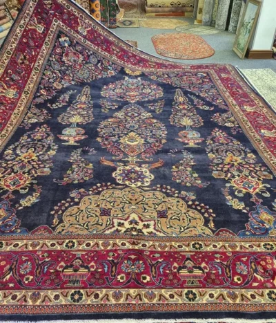 Hand-Knotted Persian Garden of Heaven Qum, Size: 385 x 295 cm, navy blue field features an intricate vase and tree-of-life motif, High-quality wool pile on cotton foundation.