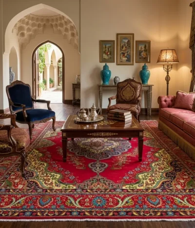 Hand-Woven Tabriz Carpet, Size: 400 x 288 cm, Traditional Tabriz style with ornate medallion and elaborate floral borders, hand-spun wool on cotton foundation.