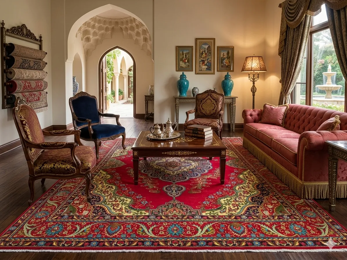 Hand-Woven Tabriz Carpet, Size: 400 x 288 cm, Traditional Tabriz style with ornate medallion and elaborate floral borders, hand-spun wool on cotton foundation.