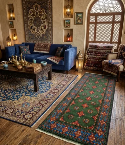 Handmade Bokhara Hallway runner, Size: 245 x 85 cm, deep forest green featuring traditional tribal patterns, High-quality wool.