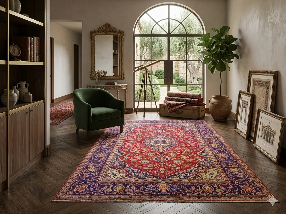 Pre-loved Hand-knotted Persian Kashan rug, Size: 323 x 193 cm, natural wool & vegetable dye, R14 000 valuation certificate.