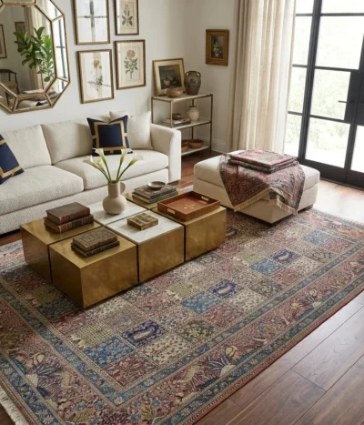 Persian Pictorial "Kheshti" rug, Size: 290 x 197 cm, Each block tells a story of ancient Persia, vey fine hand knotted silk on wool with cotton foundation.