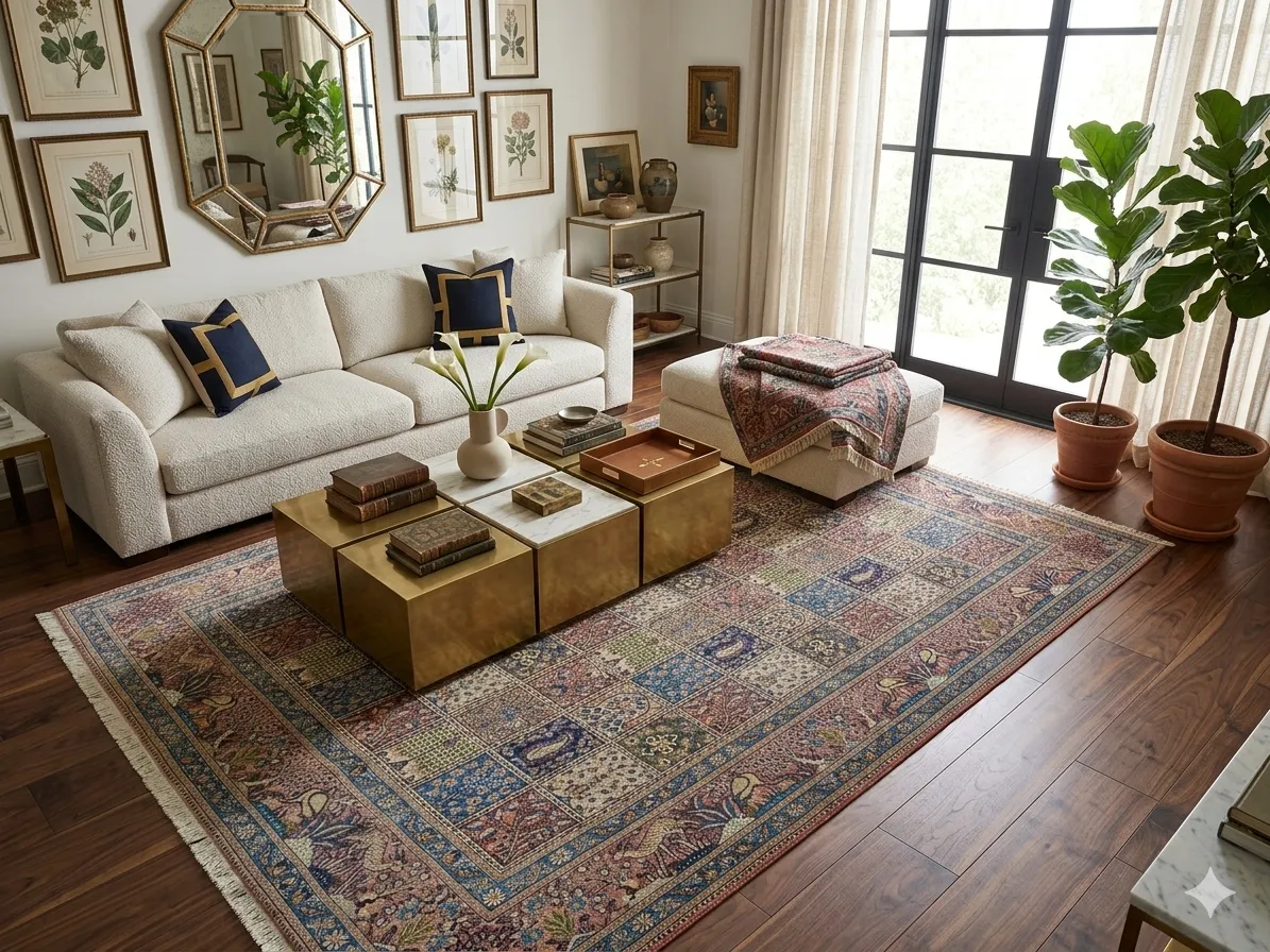 Persian Pictorial "Kheshti" rug, Size: 290 x 197 cm, Each block tells a story of ancient Persia, vey fine hand knotted silk on wool with cotton foundation.