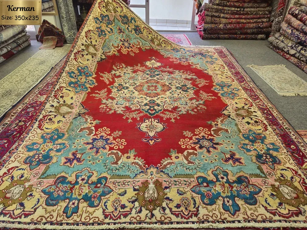Hand-Knotted Antique Kerman rug, Size: 350 x 235 cm, wool on cotton foundation. around 60 years old, small patch on top right corner.