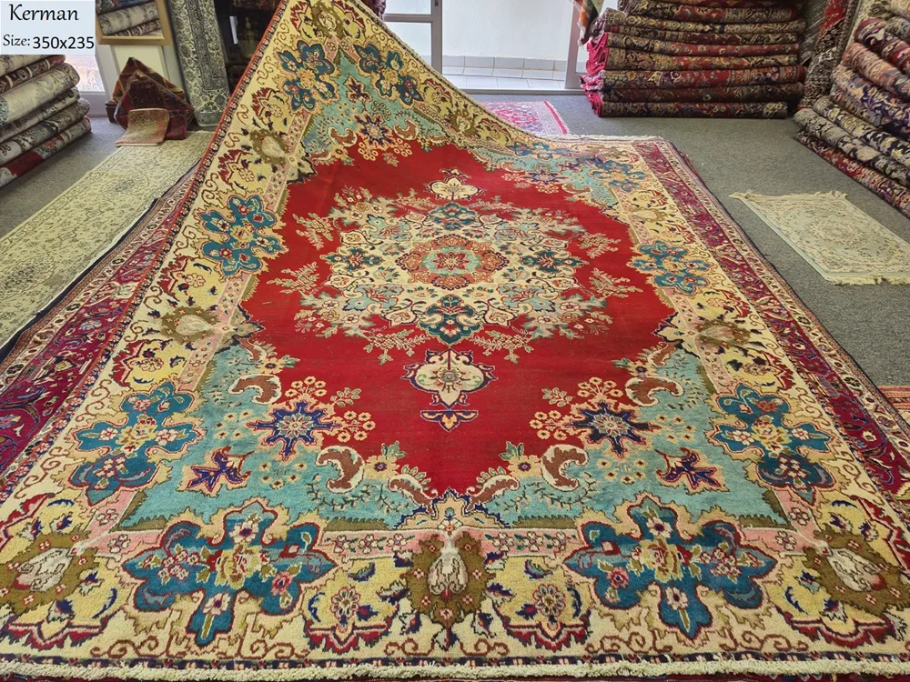 Hand-Knotted Antique Kerman rug, Size: 350 x 235 cm, wool on cotton foundation. around 60 years old, small patch on top right corner.