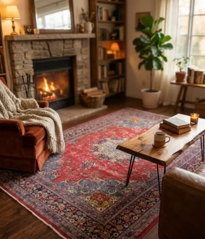Vintage Hand-Knotted Mashad rug, Size: 340 x 248 cm, classic central medallion surrounded by intricate floral motifs, wool on cotton foundation.